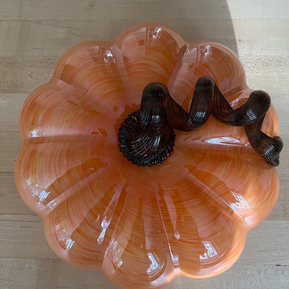Hand Blown Glass Fall Pumpkin, Orange White Swirl with Brown Glass Stem - Picture 3 of 5